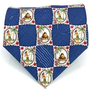 Tommy Bahama Aloha Hawaiian Hula Girl Mail Stamps Tiki Palm Trees Silk Necktie